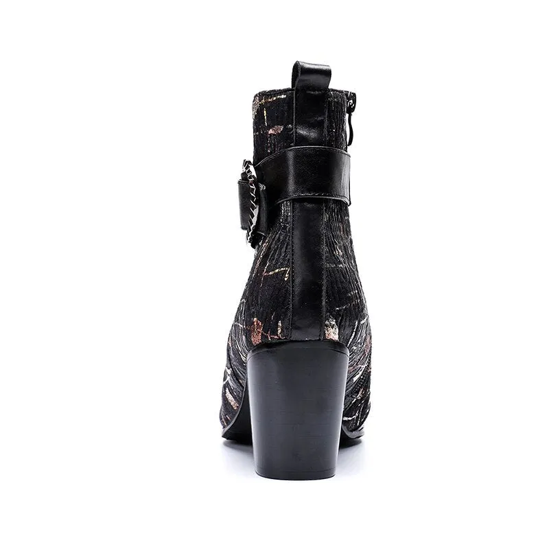 New mens high heels printing leather men boots wedding shoes men fashion buckle designer career work height increase ankle boots