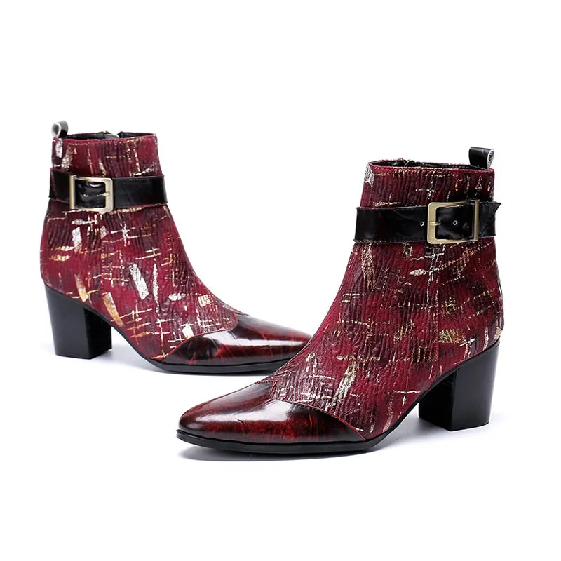 New mens high heels printing leather men boots wedding shoes men fashion buckle designer career work height increase ankle boots