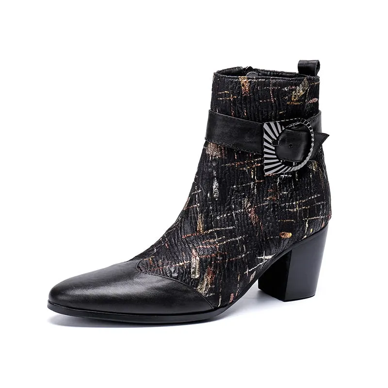 New mens high heels printing leather men boots wedding shoes men fashion buckle designer career work height increase ankle boots