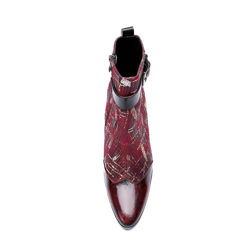 New mens high heels printing leather men boots wedding shoes men fashion buckle designer career work height increase ankle boots