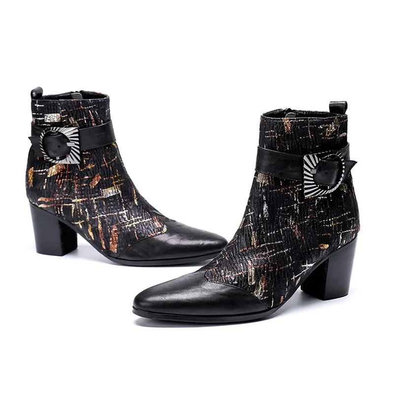 New mens high heels printing leather men boots wedding shoes men fashion buckle designer career work height increase ankle boots