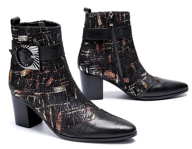New mens high heels printing leather men boots wedding shoes men fashion buckle designer career work height increase ankle boots
