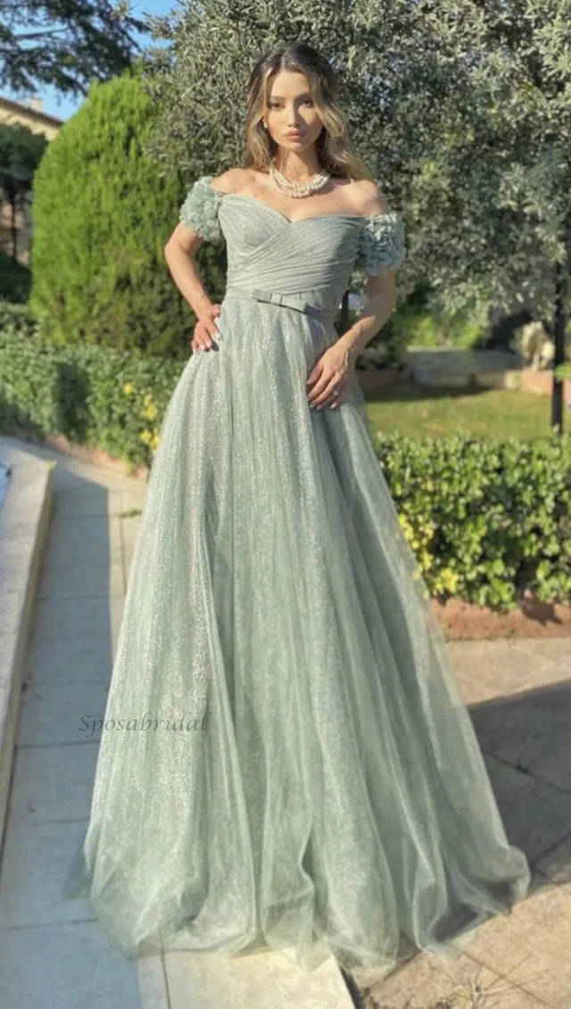 Sage Sweetheart Off-shoulder A-line Tulle Long Prom Dress, PD3389